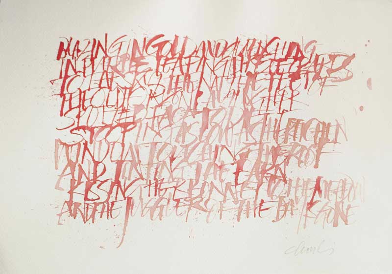 calligraphic artwork using red and pink uppercase calligraphy on white paper.