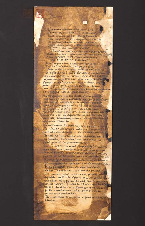 Painting and calligraphy on paper, brown color, title: Lavorare stanca